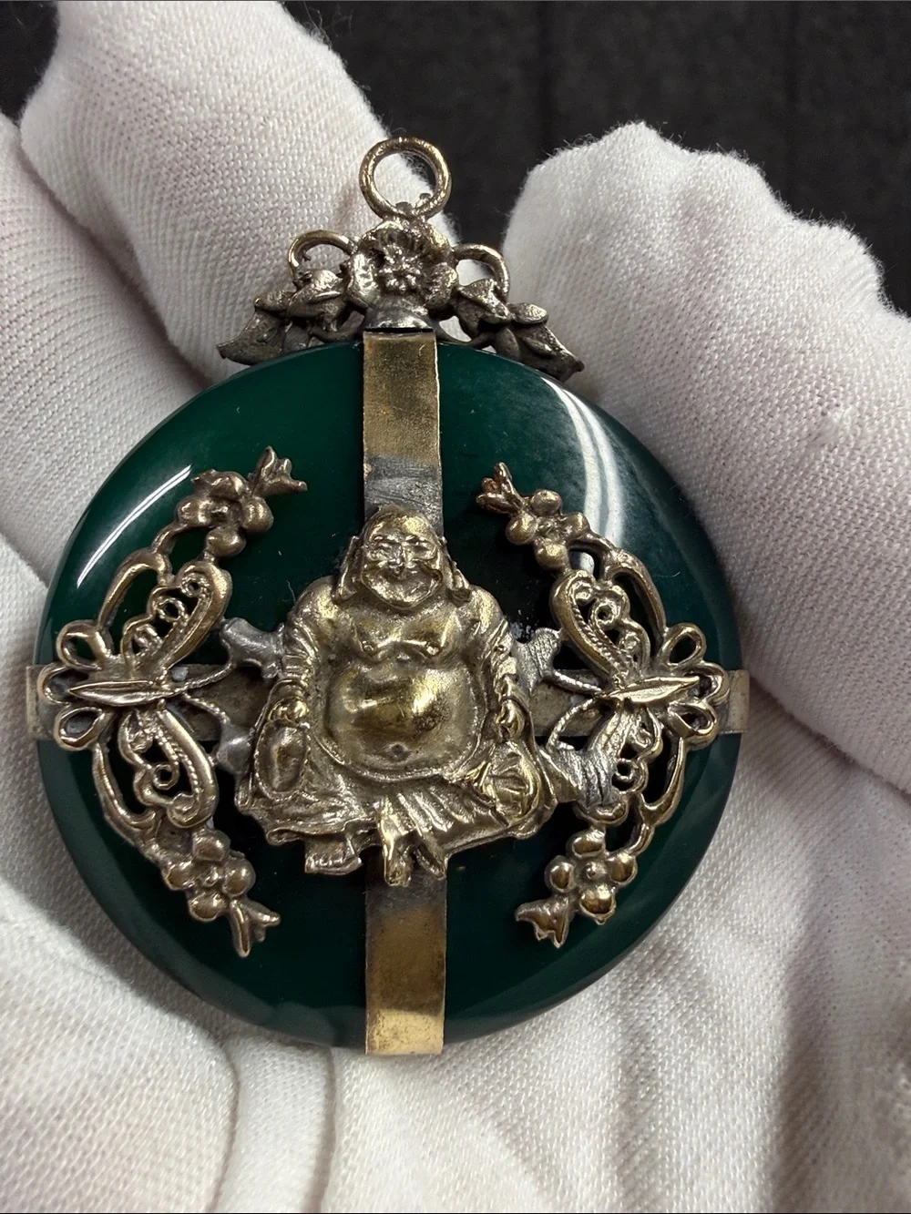 Antique, vintage, Green Jade-Style Buddha Brooch with Silver-Toned Accents